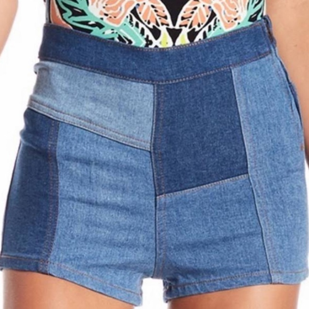 New Free People Patchwork 25 Denim High Waist Retro-Inspired Shorts